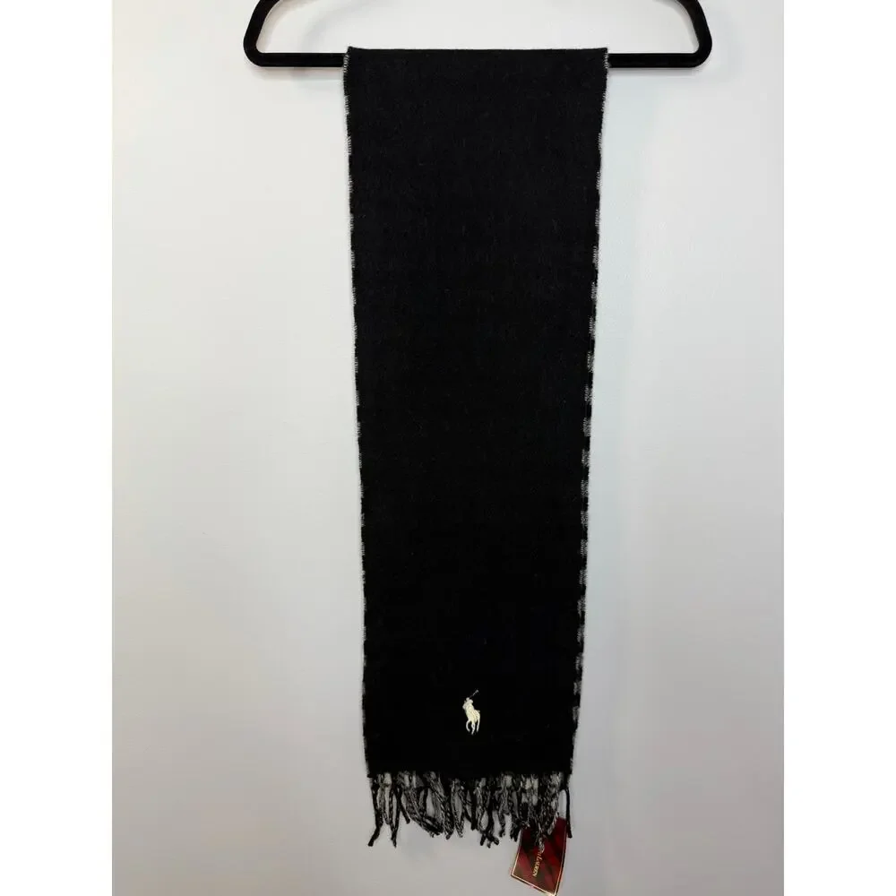Polo Ralph Lauren Lamb Wool bBlack White Gingham Plaid Fringe Scarf New